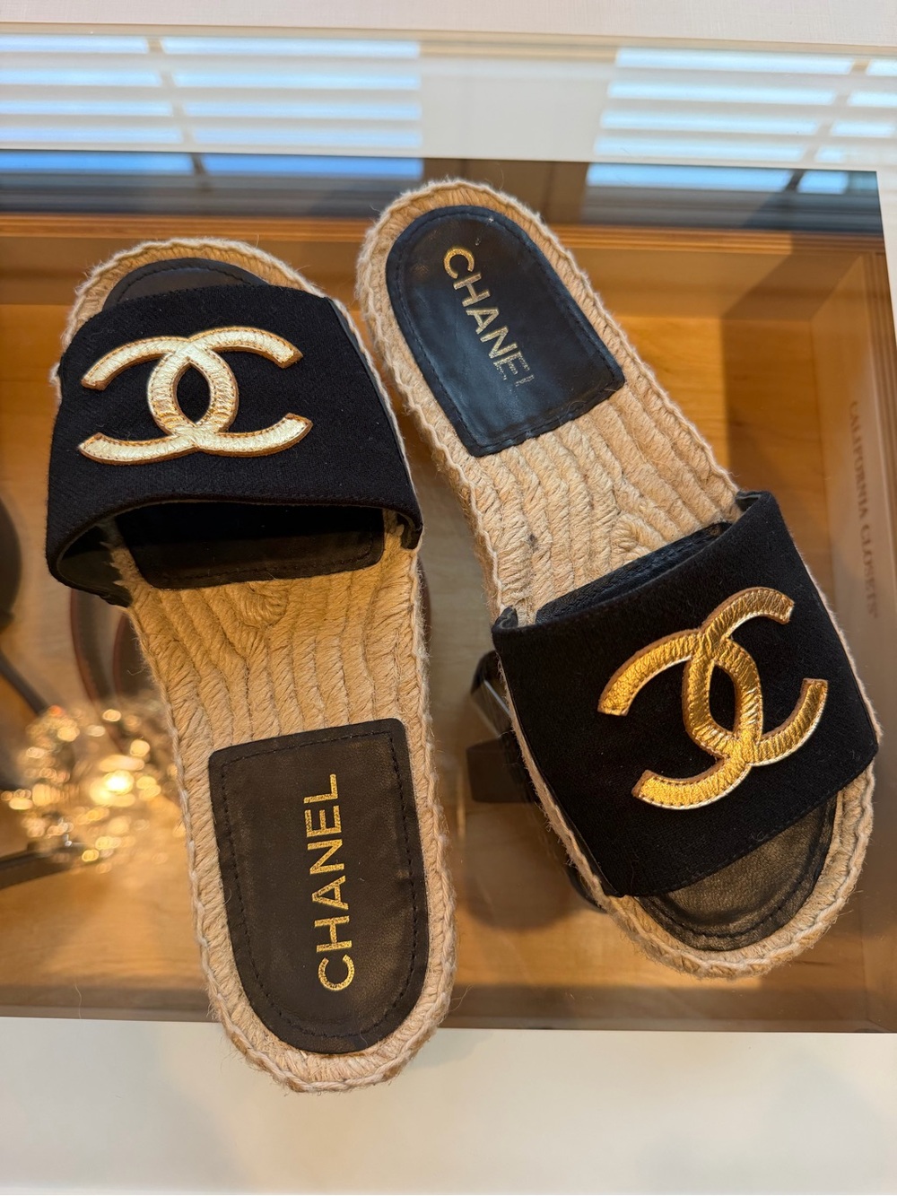 CHANEL Black & Gold CC Espadrille Slide Sandals